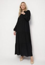 Czarna Wiskozowa Sukienka Boho o Rozkloszowanym Kroju z Gumką i Koronką Gonillea. Czarne sukienki Born2be, na co dzień, na lato, l, z aplikacjami, z koronki, boho, bez kołnierzyka, bez ramiączek, maxi, rozkloszowane. Za 139.99 zł.