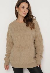 Ciemnobeżowy Sweter o Luźnym Kroju i Wzorzystym Splocie ze Ściągaczami Elondrae. Brązowe swetry Born2be, uniwersalny, bez wzorów, z bawełny, bez ramiączek. Za 149.99 zł.