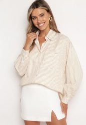 Beżowa Koszula Zapinana na Guziki z Kieszonką Uloedri. Brązowe koszule Born2be, l, bez wzorów, z jeansu, biznesowe, bez kołnierzyka, plus size, bez ramiączek. Za 119.99 zł.
