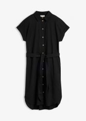 Sukienka szmizjerka z lnem i paskiem. Czarne sukienki bonprix, bez wzorów, z wiskozy, eleganckie, bez kołnierzyka, bez ramiączek, szmizjerki. Za 109.99 zł.