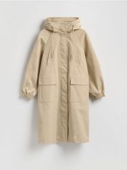 Parka z kapturem - beżowy. Brązowe parki Reserved, l, z tkaniny, z kapturem. Za 299.99 zł.