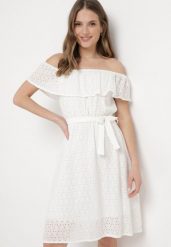 Biała Sukienka Hiszpanka z Ozdobnym Haftem i Paskiem w Talii Perenna. Białe sukienki Born2be, na co dzień, l, bez wzorów, eleganckie, bez kołnierzyka, bez ramiączek, mini, kopertowe. Za 74.99 zł.