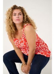 KAFFE curve Top w kolorze czerwonym rozmiar: 42. Czerwone topy KAFFE curve, s, bez wzorów, z wiskozy, bez kołnierzyka, bez ramiączek. Za 99.95 zł.