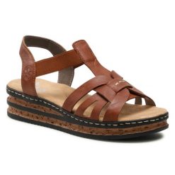 Sandały Rieker. Brązowe sandały Rieker, bez wzorów, bez obcasa, na koturnie, bez zapięcia. Za 239.99 zł.