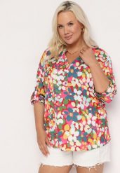 Różowo-Niebieska Koszula w Akwarelowe Kwiatki z Dekoltem na Guziki Smexina. Czerwone koszule Born2be, xl, bez wzorów, bez kołnierzyka, bez ramiączek. Za 74.99 zł.