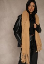 Jasnobrązowy Szalik Ozdobiony Frędzlami Owedela. Szaliki Renee, bez wzorów, z jeansu, street. Za 39.99 zł.