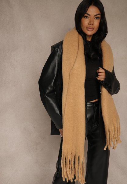 Jasnobrązowy Szalik Ozdobiony Frędzlami Owedela. Szaliki Renee, bez wzorów, z jeansu, street. Za 34.99 zł.