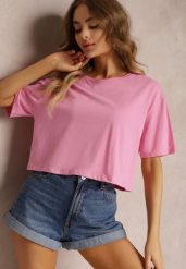 Jasnoróżowy T-shirt o Fasonie Cropped Oversize Brighta. Czerwone t-shirty Renee, l, bez wzorów, bez kołnierzyka, bez ramiączek. Za 19.99 zł.