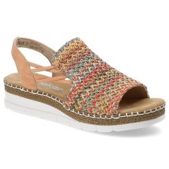 Beżowe Sandały Rieker Stylowe Obuwie Damskie. Brązowe sandały Rieker, bez wzorów, eleganckie, bez obcasa, na koturnie, bez zapięcia. Za 319.00 zł.