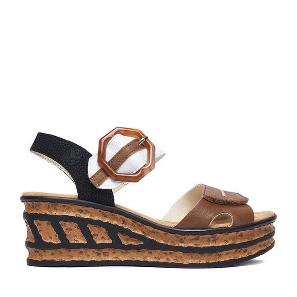 Sandały Rieker. Brązowe sandały Rieker, bez wzorów, bez obcasa, na koturnie, bez zapięcia. Za 319.99 zł.