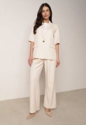 Beżowy Garniturowy Komplet Marynarka na Krótki Rękaw i Szerokie Spodnie Amalilia. Brązowe marynarki i żakiety Born2be, s, bez wzorów, z szyfonu, biznesowe. Za 229.99 zł.