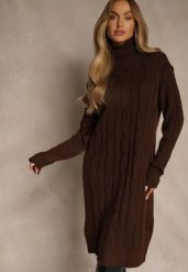 Brązowa Sukienka Sweterkowa z Golfem Wełną Bawełną i Ozdobnym Splotem Reilenea. Brązowe sukienki Renee, na spotkanie biznesowe, l, bez wzorów, z bawełny, eleganckie, bez kołnierzyka, bez ramiączek, midi. Za 79.99 zł.