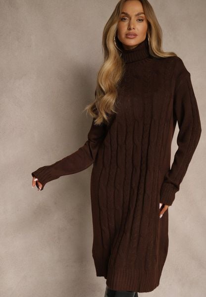Brązowa Sukienka Sweterkowa z Golfem Wełną Bawełną i Ozdobnym Splotem Reilenea. Brązowe sukienki Renee, na spotkanie biznesowe, l, bez wzorów, z bawełny, eleganckie, bez kołnierzyka, bez ramiączek, midi. Za 79.99 zł.