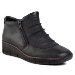 RIEKER 53742-00A Czarny. Czarne botki Rieker, bez wzorów, ze skóry, bez obcasa, bez zapięcia. Za 259.99 zł.