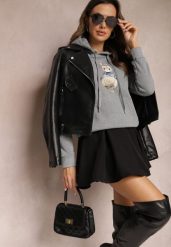 Szara Ocieplana Bluza z Ozdobnym Nadrukiem i Kapturem Hitee. Szare bluzy Renee, l, z aplikacjami, z dzianiny, z kapturem. Za 79.99 zł.