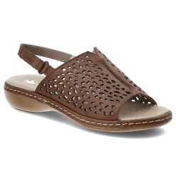 Sandały damskie Rieker, na płaskim obcasie skórzane licowe na rzepy ażurowe, brązowe, 65985-25. Brązowe sandały Rieker, w ażurowe wzory, ze skóry, eleganckie, bez obcasa, na płaskiej podeszwie, bez zapięcia. Za 269.00 zł.