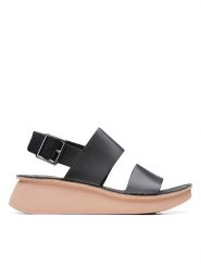 Clarks Skórzane sandały w kolorze czarnym na koturnie rozmiar: 42. Czarne sandały Clarks, bez wzorów, z otwartym noskiem, bez obcasa, na koturnie, bez zapięcia. Za 175.26 zł.