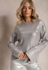 Srebrny Metaliczny Sweter z Długim Rękawem Vivalei. Szare swetry Renee, m, bez wzorów, z dzianiny, bez ramiączek. W wyprzedaży za 73.49 zł.