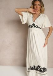 Beżowa Sukienka z Wiskozą Lnem i Haftowanym Wzorem Roniae. Brązowe sukienki Renee, na co dzień, m, bez wzorów, z wiskozy, eleganckie, bez kołnierzyka, bez ramiączek, maxi. Za 119.99 zł.