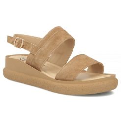 Skórzane sandały damskie na koturnie camel Filippo DS7746. Brązowe sandały Filippo, bez wzorów, ze skóry, bez obcasa, na koturnie, bez zapięcia. Za 179.99 zł.