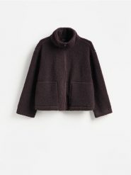 Bluza sherpa ze stójką - ciemnofioletowy. Fioletowe bluzy Reserved, l, bez wzorów, z dzianiny, bez kaptura. Za 129.99 zł.