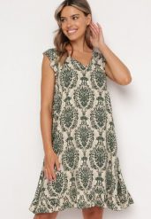 Zielono-Beżowa Bawełniana Sukienka w Stylu Boho na Ramiączkach z Falbanką Zaelle. Zielone sukienki Born2be, na co dzień, l, bez wzorów, z bawełny, boho, bez kołnierzyka, bez ramiączek, midi. Za 39.99 zł.