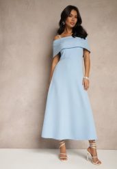 Niebieska Rozkloszowana Sukienka na Ramiączkach z Wywiniętym Dekoltem Jenavitia. Niebieskie sukienki Renee, na imprezę, m, bez wzorów, eleganckie, bez kołnierzyka, bez ramiączek, midi, rozkloszowane. Za 99.99 zł.