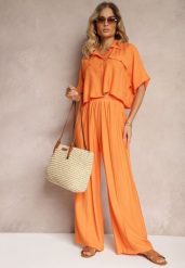 Pomarańczowy 2-Częściowy Komplet z Wiskozy Koszula o Luźnym Kroju Szerokie Spodnie Velvitela. Brązowe koszule Renee, bez wzorów, z materiału, eleganckie, bez kołnierzyka, bez ramiączek. Za 129.99 zł.