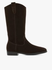 Brązowe kozaki ze skóry welurowej. Brązowe kozaki Ryłko, z denimu, z okrągłym noskiem, bez obcasa, na płaskiej podeszwie, bez zapięcia. Za 579.99 zł.
