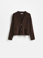 Kardigan z guzikami - ciemnobrązowy. Brązowe kardigany Reserved, l, bez wzorów, z dzianiny. Za 119.99 zł.