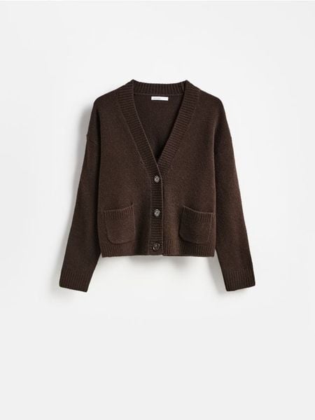 Kardigan z guzikami - ciemnobrązowy. Brązowe kardigany Reserved, l, bez wzorów, z dzianiny. Za 119.99 zł.