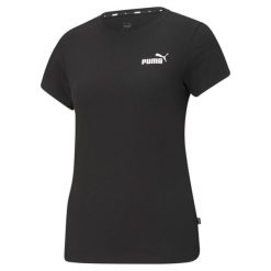 Koszulka fitness damska Puma ESS Small Logo Tee. Czarne bluzki Puma, s, bez wzorów, z bawełny, sportowe, bez kołnierzyka, bez ramiączek. W wyprzedaży za 74.90 zł.