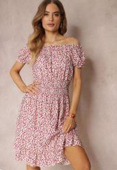 Biało-Czerwona Bawełniana Sukienka z Gumką w Talii o Fasonie Hiszpanki Jazmi. Białe sukienki Renee, na co dzień, l, z aplikacjami, z bawełny, eleganckie, bez kołnierzyka, bez ramiączek, midi, kopertowe. Za 39.99 zł.
