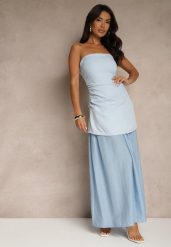 Niebieska Sukienka Koktajlowa z Dekoltem Bandeau Ozdobiona Marszczeniem Folimmea. Niebieskie sukienki Renee, m, bez wzorów, eleganckie, bez kołnierzyka, bez ramiączek, maxi, kopertowe. Za 129.99 zł.