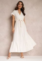 Beżowa Kopertowa Sukienka z Gumką w Talii i Wiązaniem Mylelse. Brązowe sukienki Renee, na imprezę, na lato, l, bez wzorów, eleganckie, bez kołnierzyka, bez ramiączek, maxi, kopertowe. Za 59.99 zł.