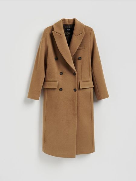 Płaszcz z wełną Bellandi - beżowy. Brązowe płaszcze Reserved, l, bez wzorów, z tkaniny, bez kaptura. Za 699.99 zł.