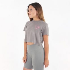 Koszulka crop z bawełny SPECIAL ołowiowy różowy. Szare bluzki LEGEA, bez wzorów, z bawełny, sportowe, bez kołnierzyka, bez ramiączek. Za 43.00 zł.