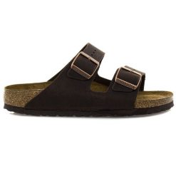 Birkenstock Arizona SFB LEOI Habana Klapki damskie. Brązowe klapki Birkenstock, bez wzorów, z nubiku, z otwartym noskiem, bez obcasa. Za 489.99 zł.