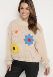 Beżowy Sweter z Wiskozą Ozdobiony Kwiatami 3D Alabine. Brązowe swetry Born2be, l, bez wzorów, z jeansu, bez ramiączek. W wyprzedaży za 93.49 zł.