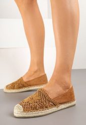 Jasnobrązowe Espadryle z Ażurowym Zdobieniem i Plecioną Podeszwą Nusailia. Brązowe espadryle Born2be, z aplikacjami, bez obcasa, na obcasie, bez zapięcia. Za 84.99 zł.