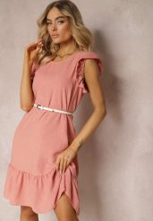 Różowa Sukienka o Rozkloszowanym Kroju z Krótkim Rękawem i Falbankami Lavolia. Czerwone sukienki Renee, na co dzień, l, z aplikacjami, eleganckie, bez kołnierzyka, bez ramiączek, midi, rozkloszowane. Za 44.99 zł.