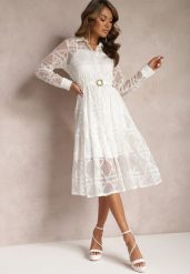 Biała Haftowana Sukienka Midi z Paskiem Binaela. Białe sukienki Renee, m, bez wzorów, z tkaniny, eleganckie, bez kołnierzyka, bez ramiączek, midi. Za 179.99 zł.