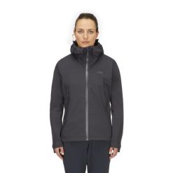 Kurtka przeciwdeszczowa damska Rab Women's Downpour Light Jacket z kapturem. Szare kurtki sportowe RAB, s, bez wzorów, z kapturem, trekkingowe. Za 539.99 zł.