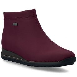Wodoodporne botki damskie ocieplane bordowe Rieker TEX 98251-35. Czerwone botki Rieker, bez wzorów, z materiału, bez obcasa, bez zapięcia. Za 369.00 zł.