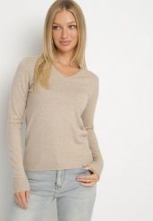 Ciemnobeżowy Sweter z Wiskozą i Dekoltem w Serek Olisela. Brązowe swetry Born2be, m, bez wzorów, z wiskozy, bez ramiączek. Za 49.99 zł.