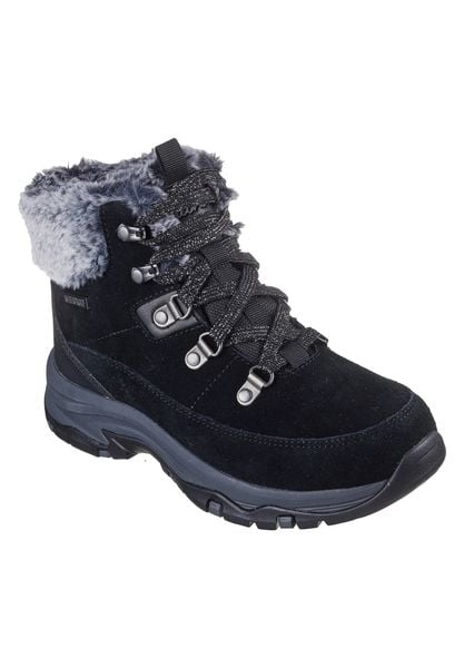 Trapery damskie, Trego - Snow Worries. Czarne trapery i śniegowce Skechers, z materiału. Za 349.99 zł.