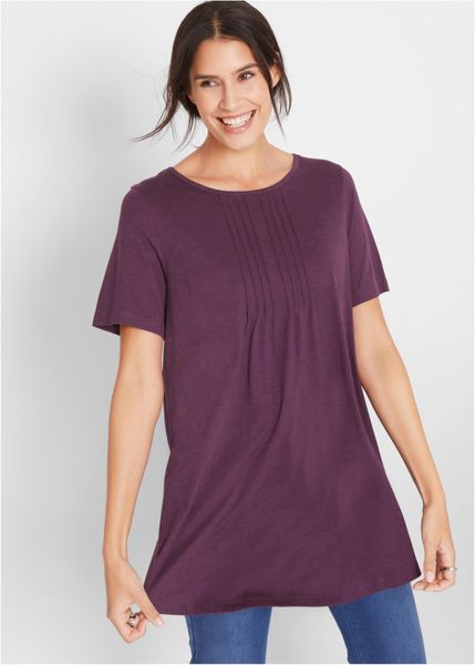 T-shirt o linii litery A, krótki rękaw. Fioletowe t-shirty bonprix, bez wzorów, bez kołnierzyka, bez ramiączek. Za 67.99 zł.