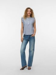 Vero Moda Bluzka w kolorze niebiesko-białym rozmiar: XS. Białe bluzki Vero Moda, xs, bez wzorów, z bawełny, bez kołnierzyka, bez ramiączek. Za 87.95 zł.