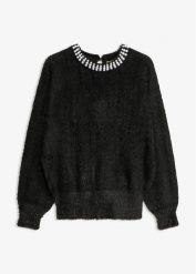 Sweter z aplikacją z perełek. Czarne swetry bonprix, z aplikacjami, bez ramiączek. Za 149.99 zł.