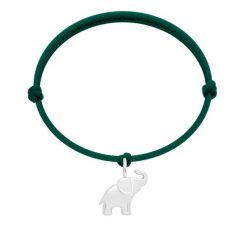 Bransoletka z posrebrzaną zawieszką w kształcie słonia na grubym sznurku w kolorze butelkowej zieleni. Zielone bransoletki Lilou, posrebrzane. Za 129.00 zł.